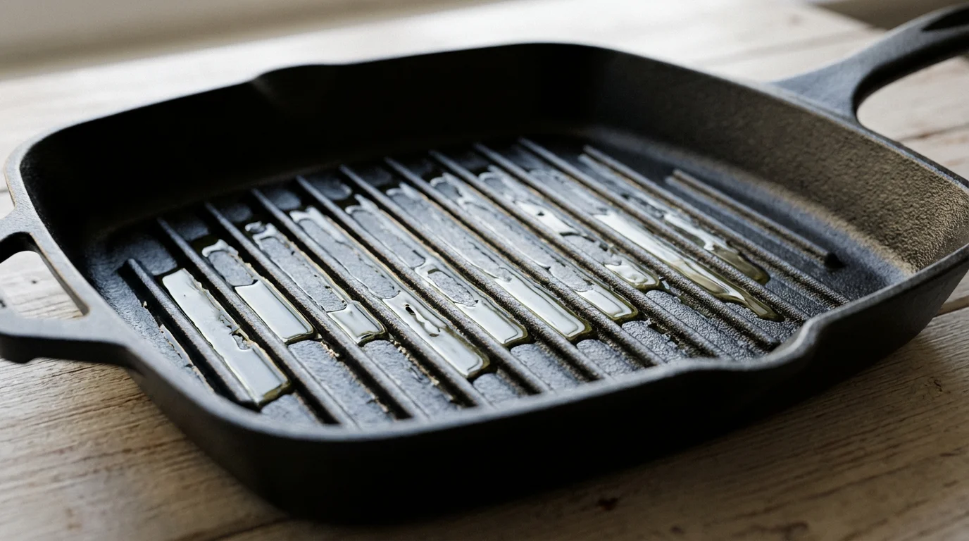 An eye-level close-up of a new cast-iron grill pan highlighting its high ridges.