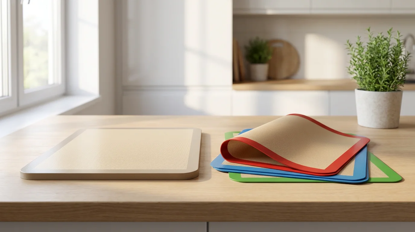 An eye-level photo comparing a premium silicone baking mat with a budget multi-pack.