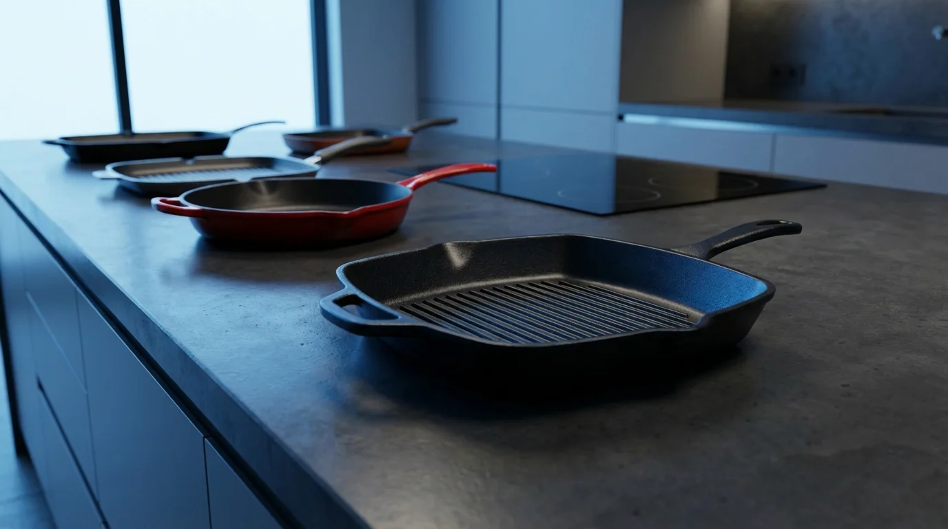 An eye-level shot of various new grilling pans on a dark countertop during twilight.