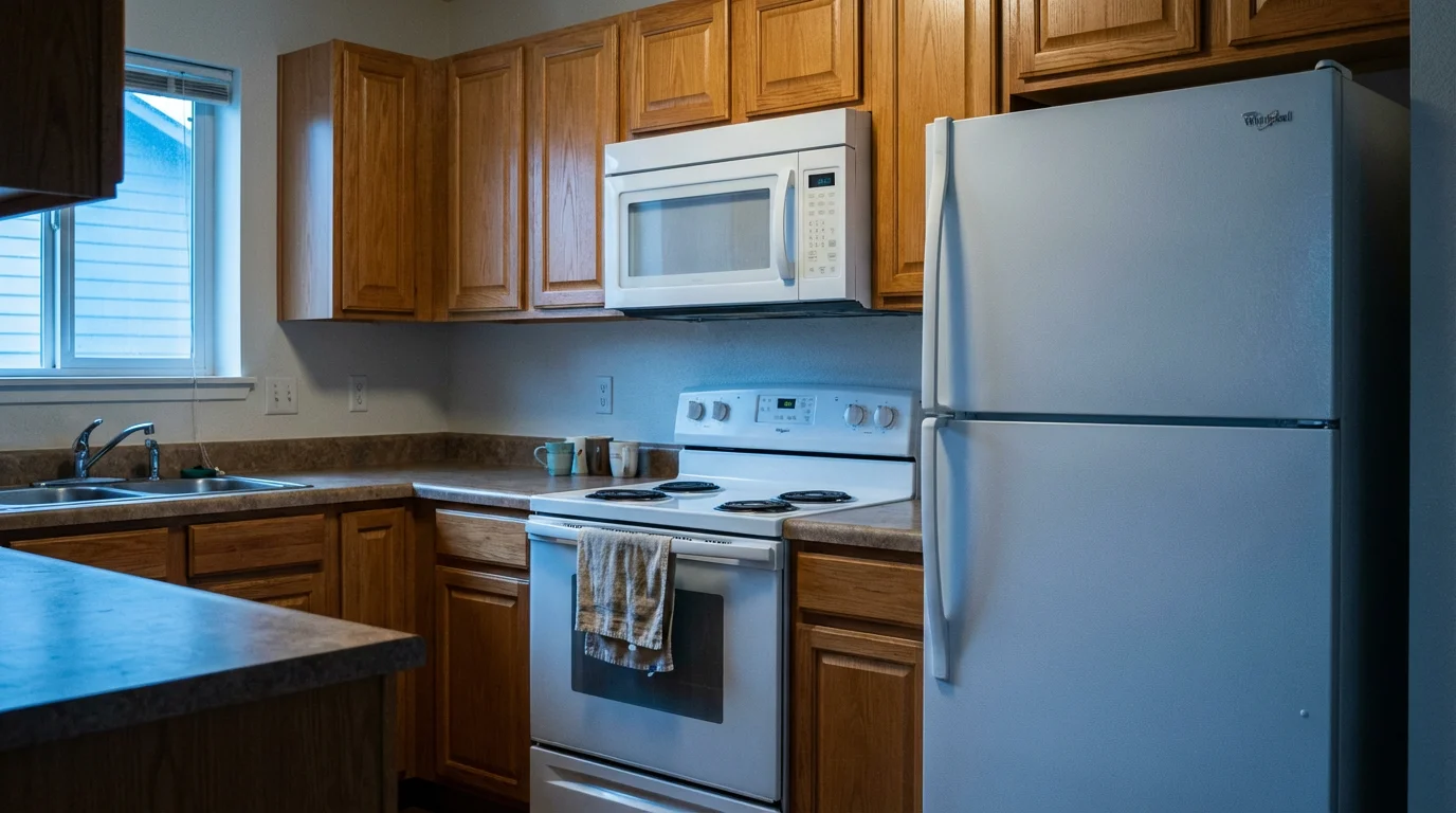 An eye-level view of a white Whirlpool appliance package in a simple kitchen at twilight.