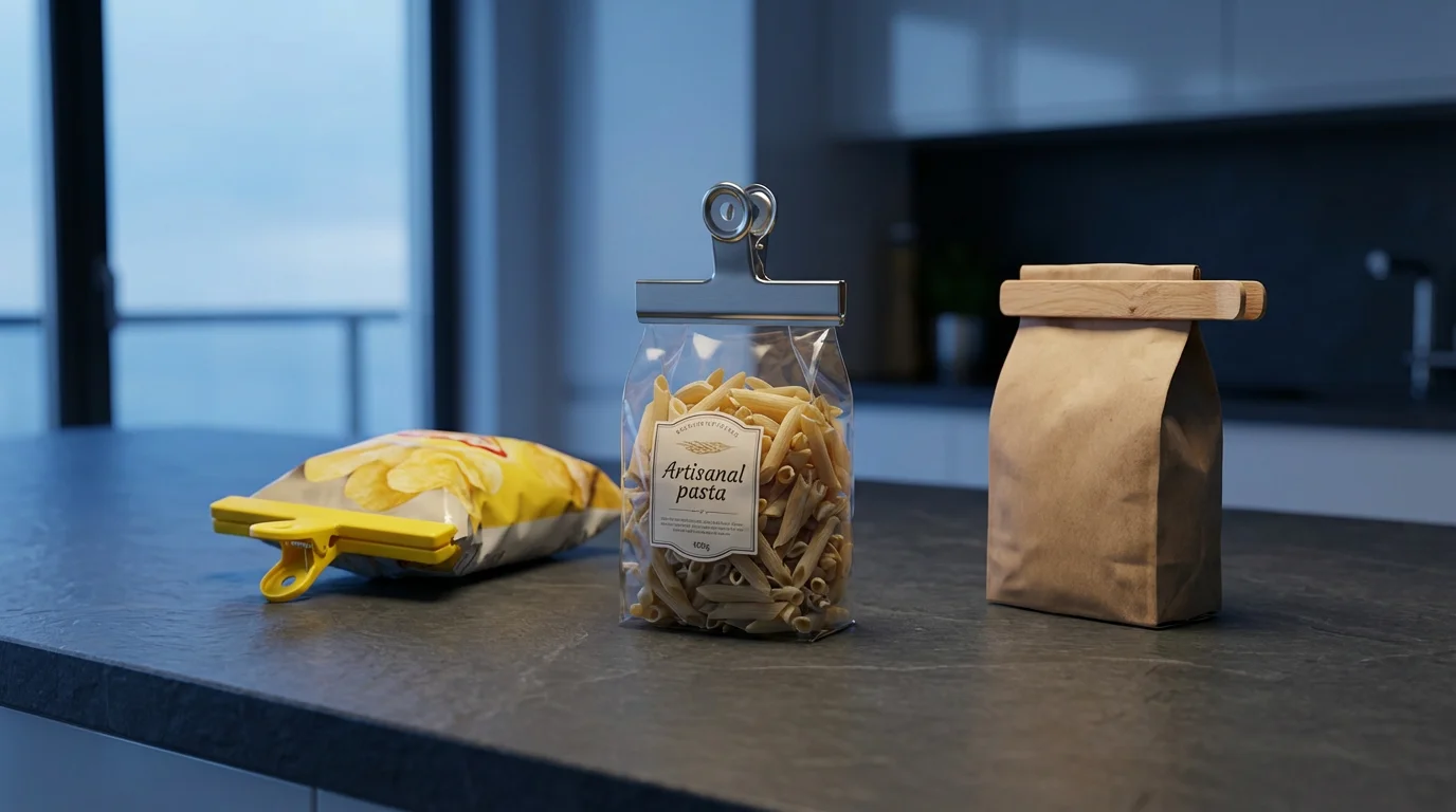 An eye-level view of plastic, steel, and wood bag clips sealing different food bags.