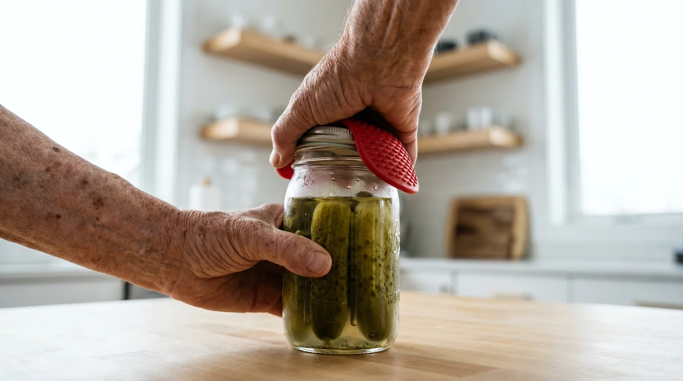 An older person's hands using a red silicone grip to easily open a pickle jar.