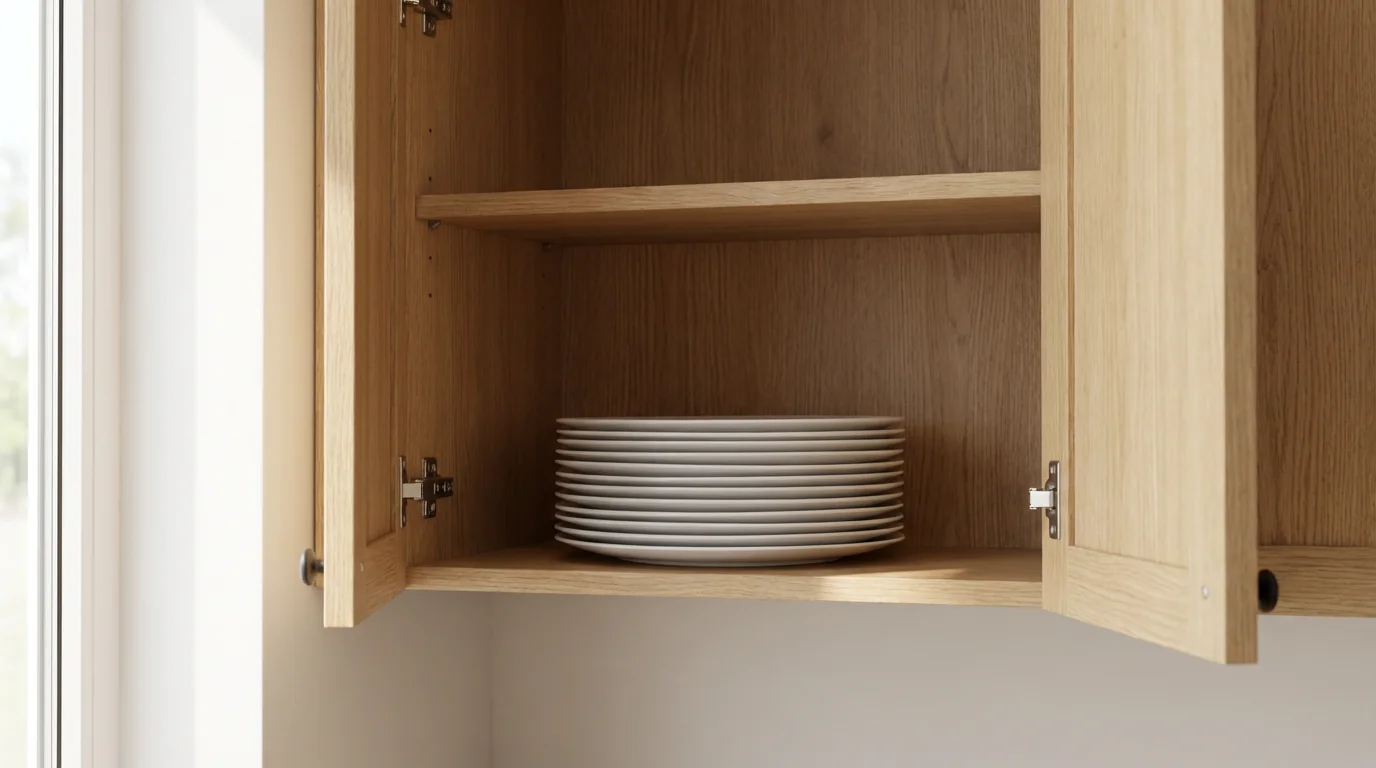 An open kitchen cabinet with stacked plates showing unused vertical storage space above them.