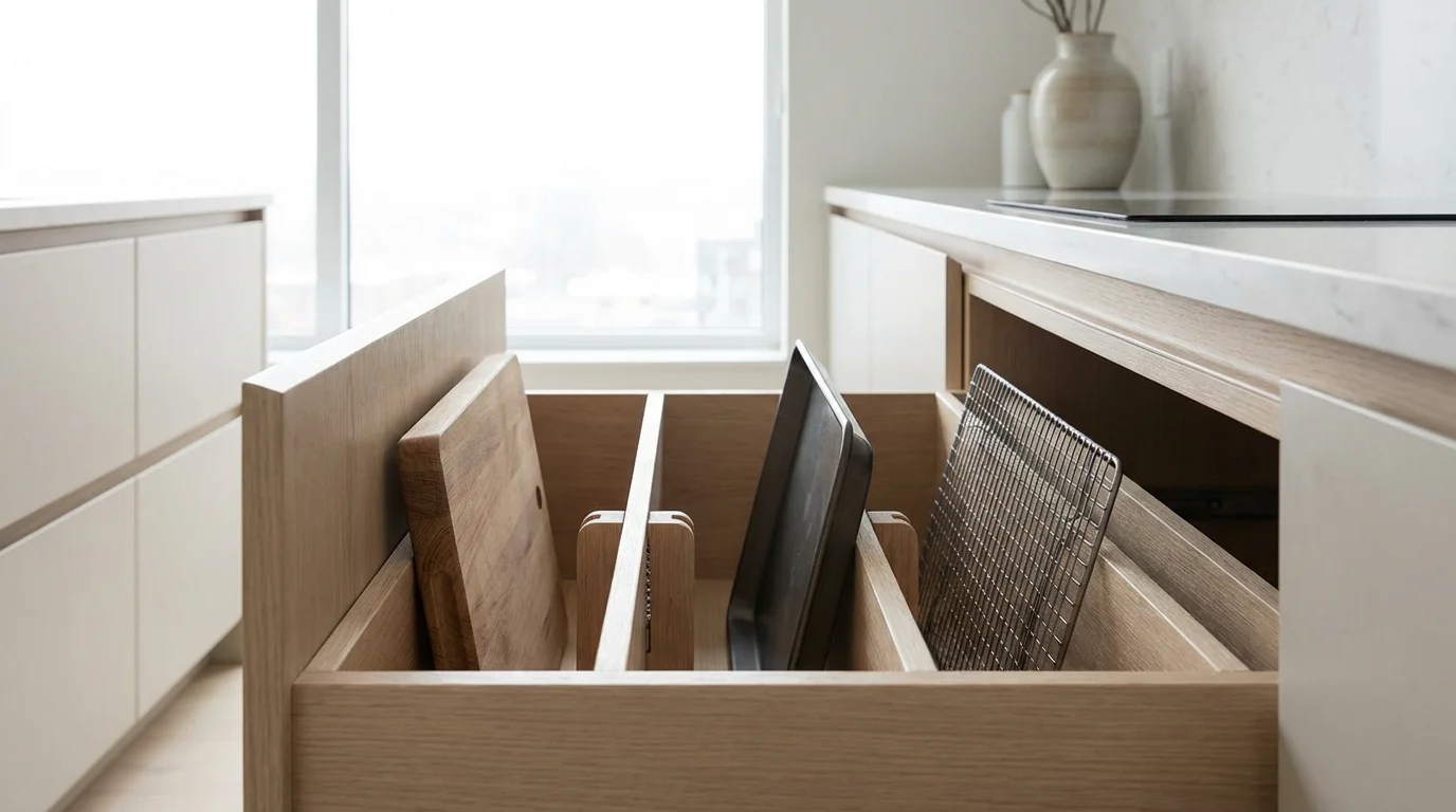 An organized deep kitchen drawer with baking sheets and cutting boards stored vertically.