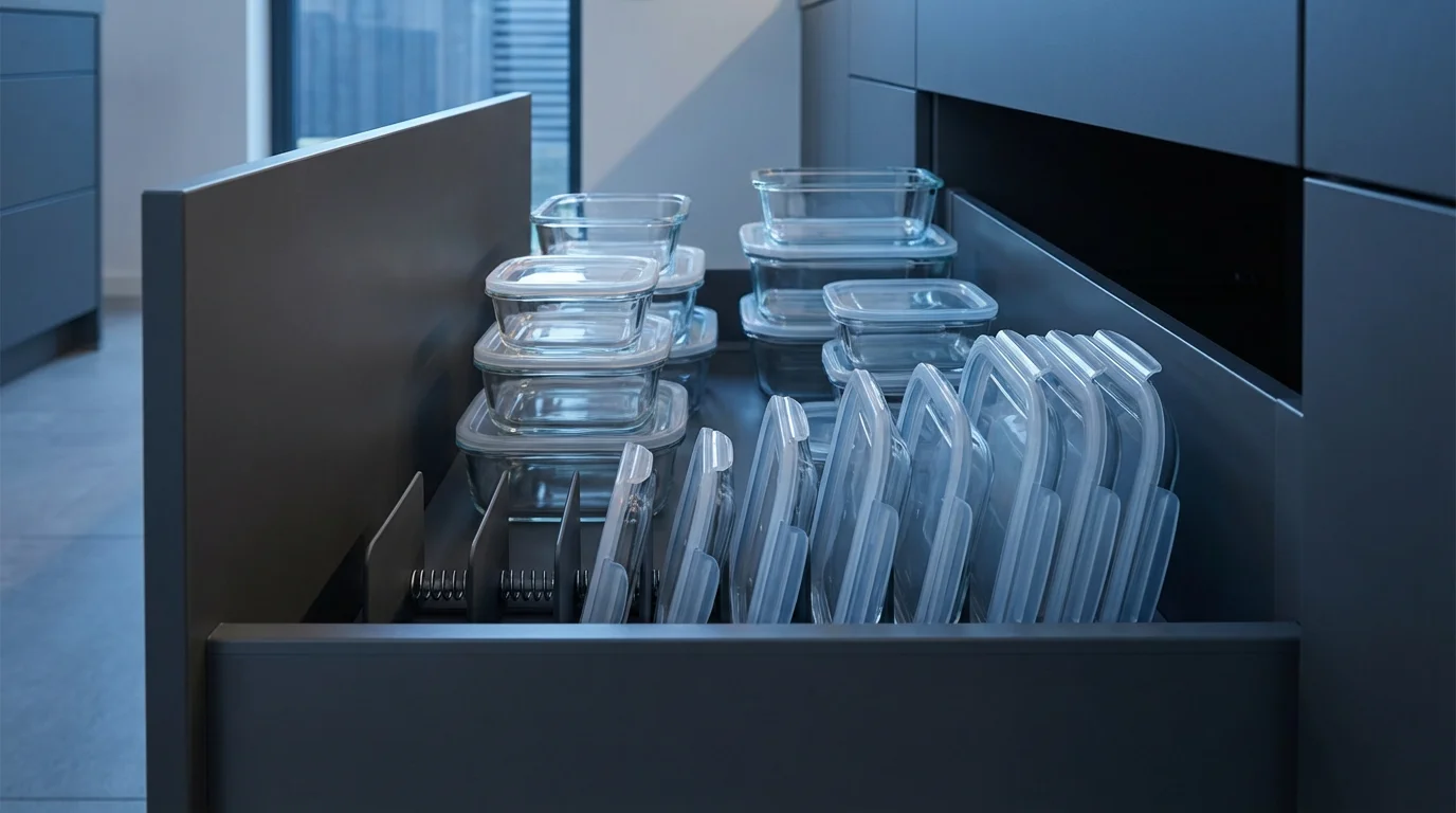 An organized kitchen drawer with plastic containers and vertically stored lids at blue hour.