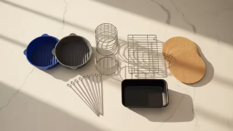 An overhead view of various air fryer accessories like silicone liners, metal racks, and a small baking pan, neatly displayed on a light kitchen counter with warm morning light.
