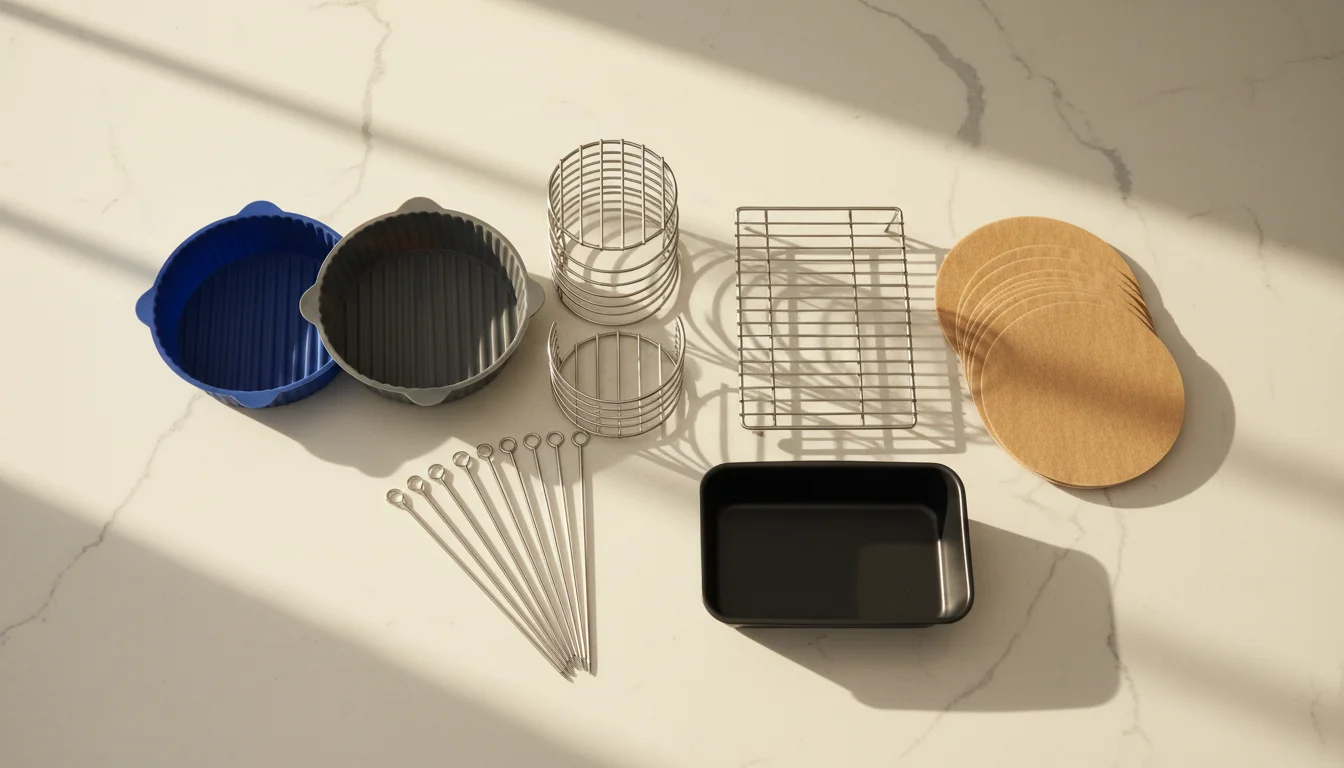 An overhead view of various air fryer accessories like silicone liners, metal racks, and a small baking pan, neatly displayed on a light kitchen counter with warm morning light.
