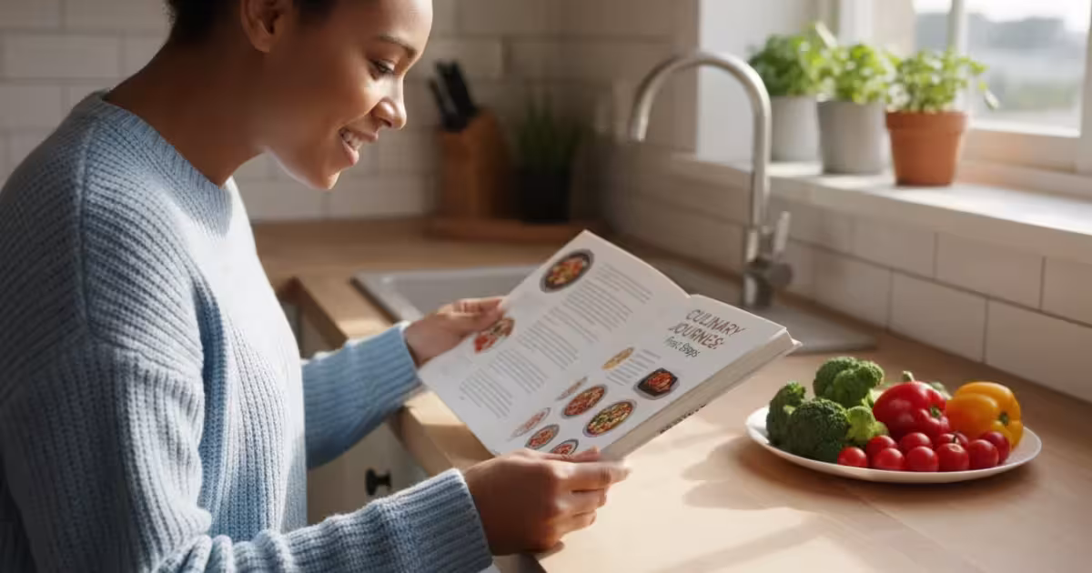 A person with light brown skin reads an open cookbook on a light kitchen counter, their focused face visible. Natural light, fresh vegetables nearby.