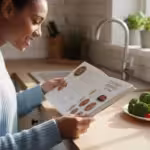 A person with light brown skin reads an open cookbook on a light kitchen counter, their focused face visible. Natural light, fresh vegetables nearby.