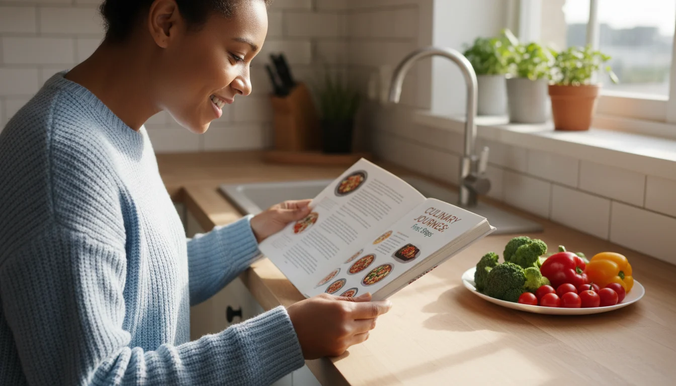 A person with light brown skin reads an open cookbook on a light kitchen counter, their focused face visible. Natural light, fresh vegetables nearby.