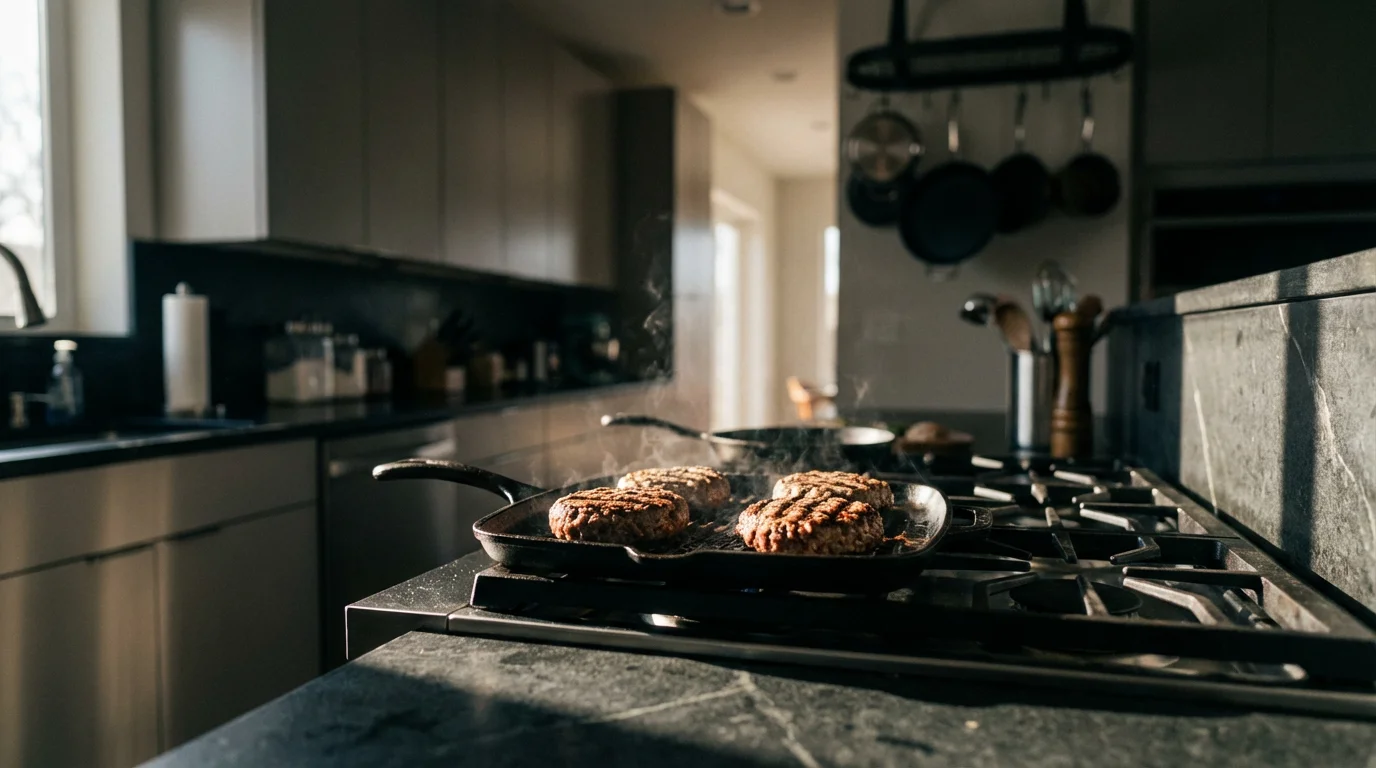 Burgers sizzling on a cast-iron grill pan in a modern kitchen with afternoon shadows.
