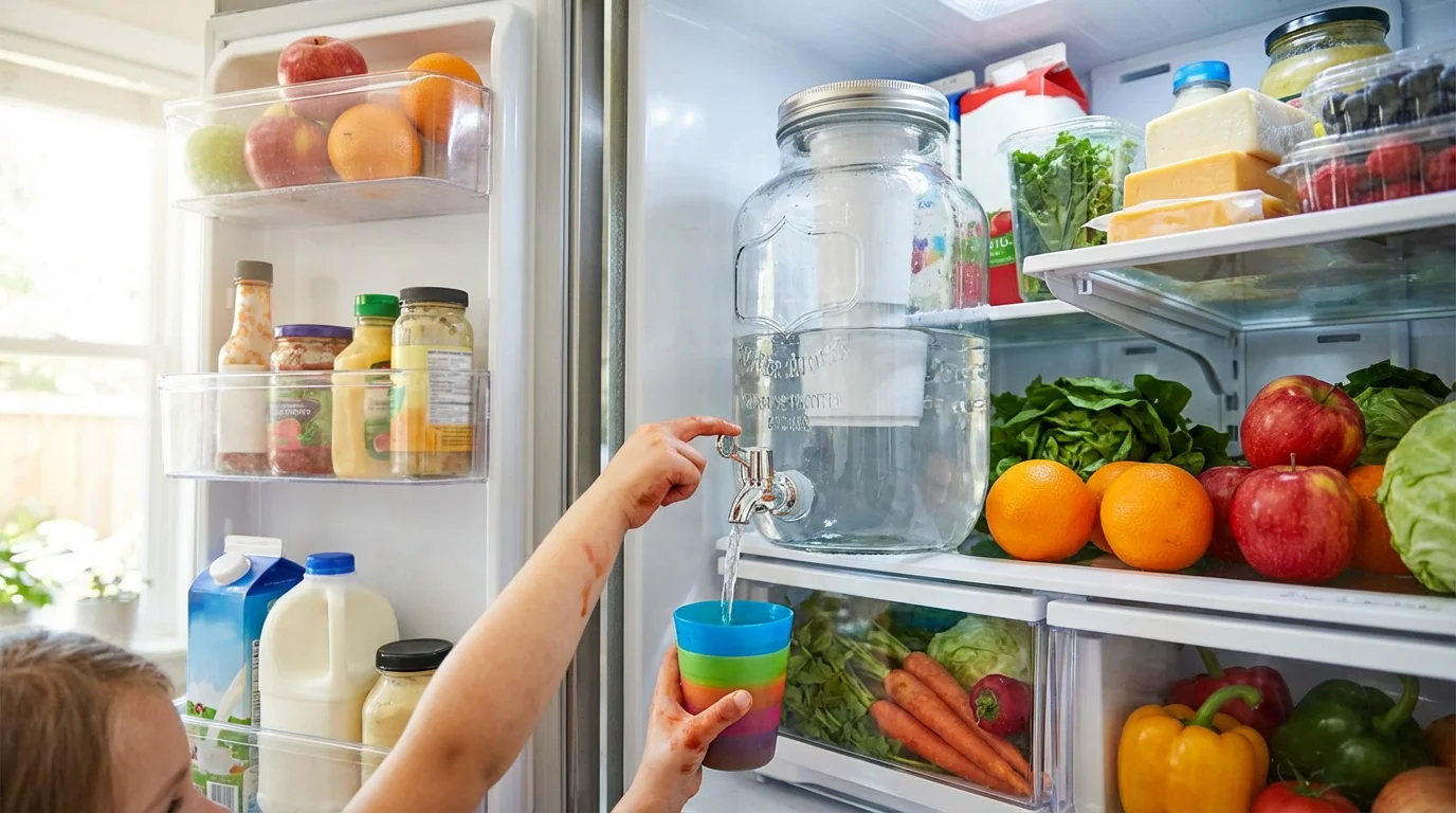 Child's hand filling a cup from a large water filter dispenser inside a refrigerator.