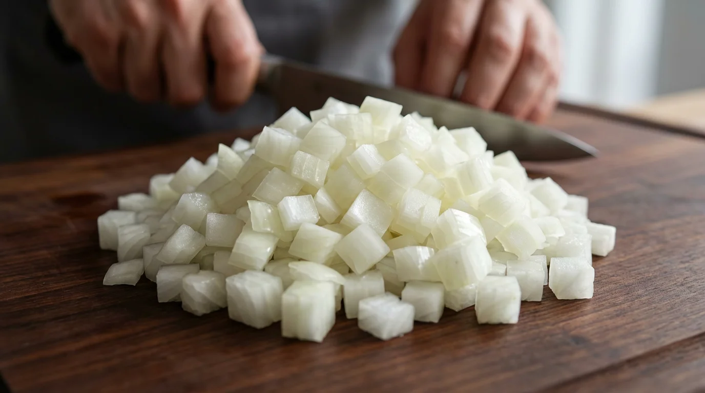 Close-up macro photo of a perfectly diced onion on a dark cutting board.