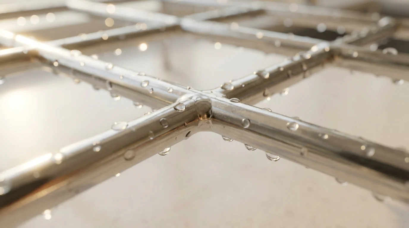 Close-up macro photo of water droplets beading on a new stainless steel dish rack.