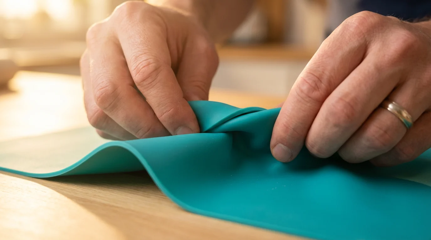 Close-up macro photo showing the pinch test on a teal silicone baking mat.