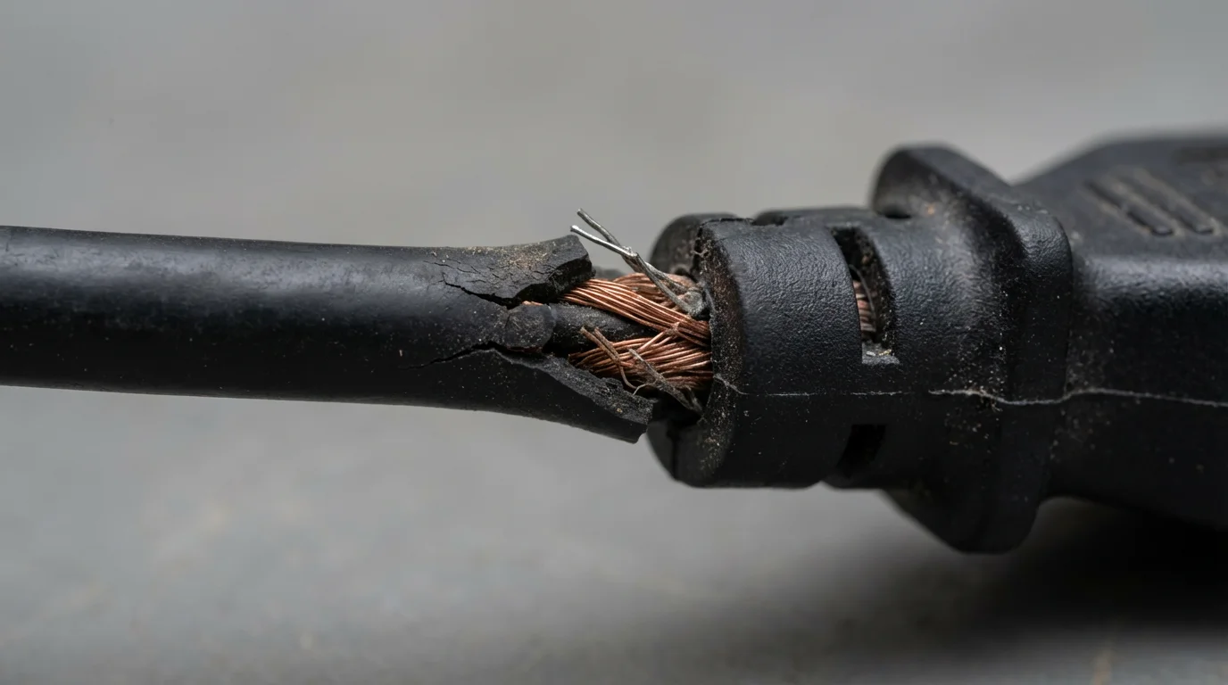 Close-up macro photograph of a frayed and broken black electrical power cord.