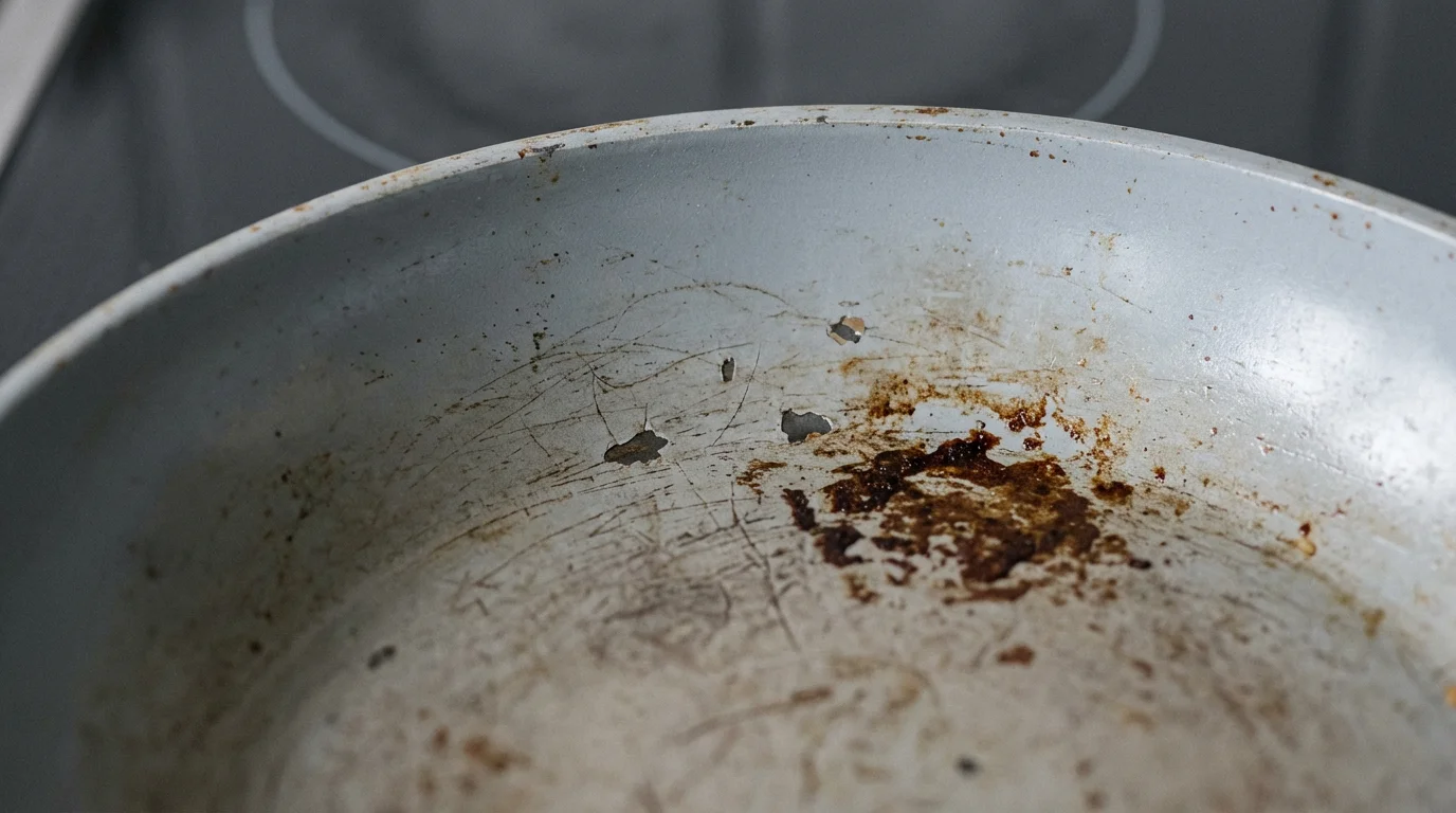 Close-up macro shot of a scratched, damaged ceramic pan with burnt-on food residue.
