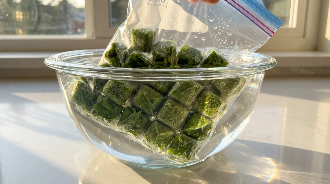 Close-up of a bag of frozen herb cubes being submerged in water to remove air.