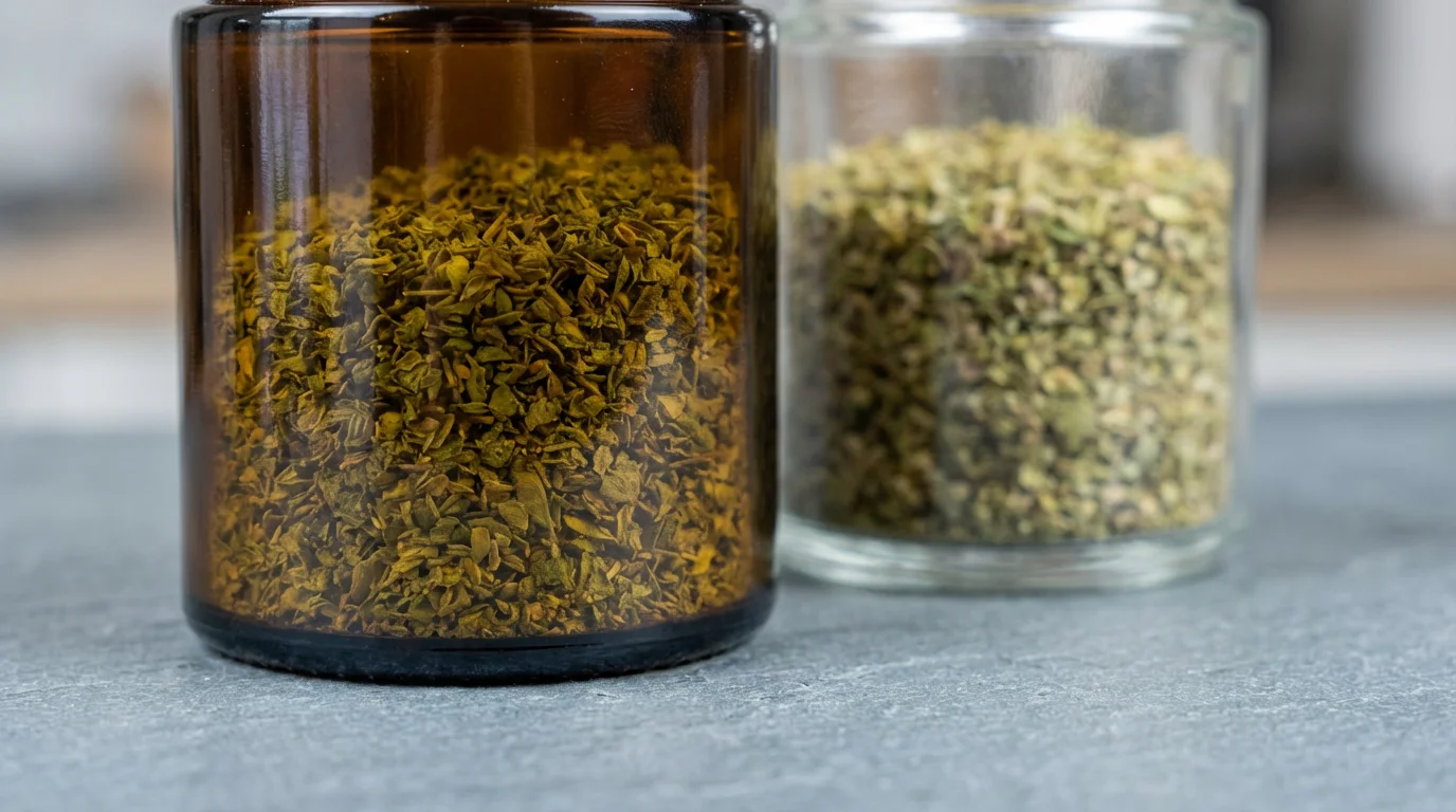 Close-up of a clear glass spice jar next to a protective amber glass jar.