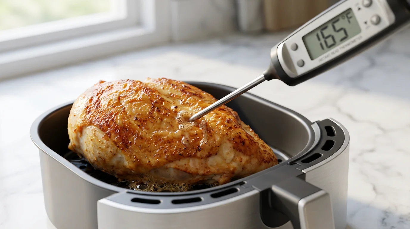Close-up of a digital thermometer checking the temperature of a chicken breast in an air fryer.