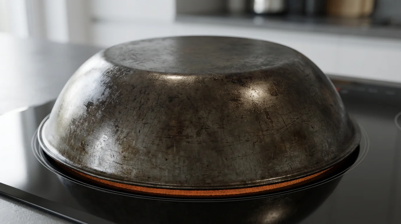 Close-up of a flat-bottomed wok making perfect contact with a glowing electric glass stovetop.