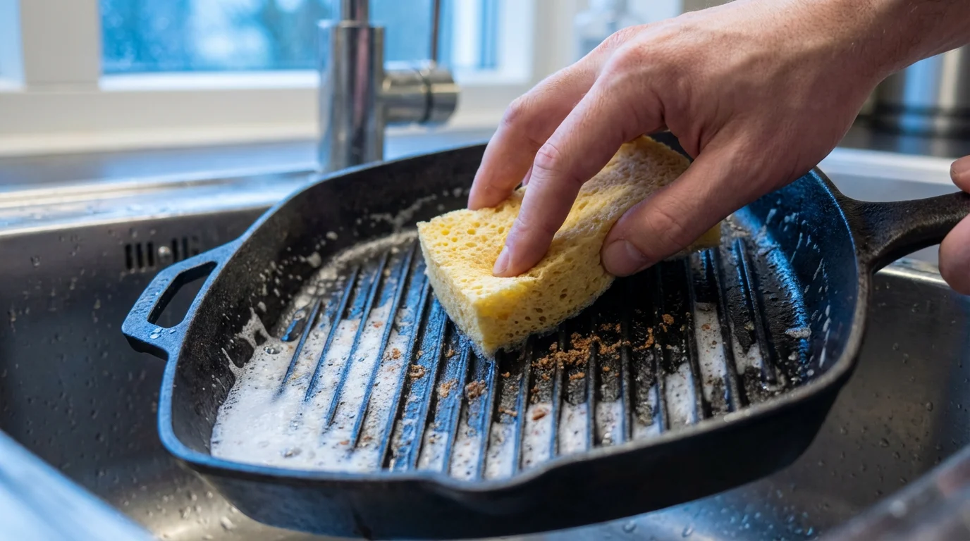Close-up of a hand with a sponge cleaning a cast-iron grill pan in a sink.
