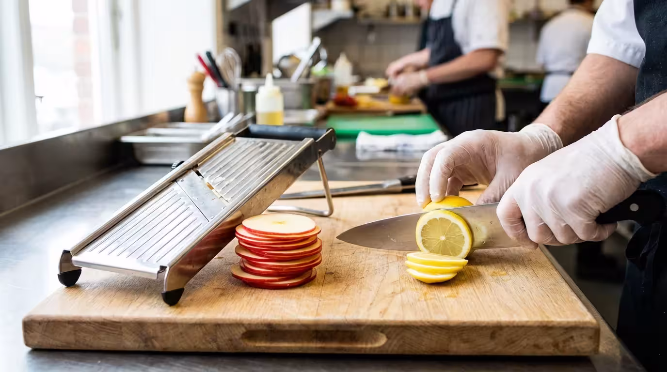 Close-up of a mandoline slicer and chef's knife with uniform apple slices on a wooden cutting board.
