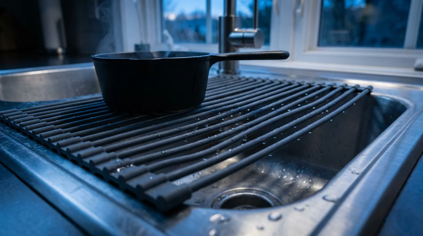 Close-up of a roll-up dish rack over a sink doubling as a trivet.