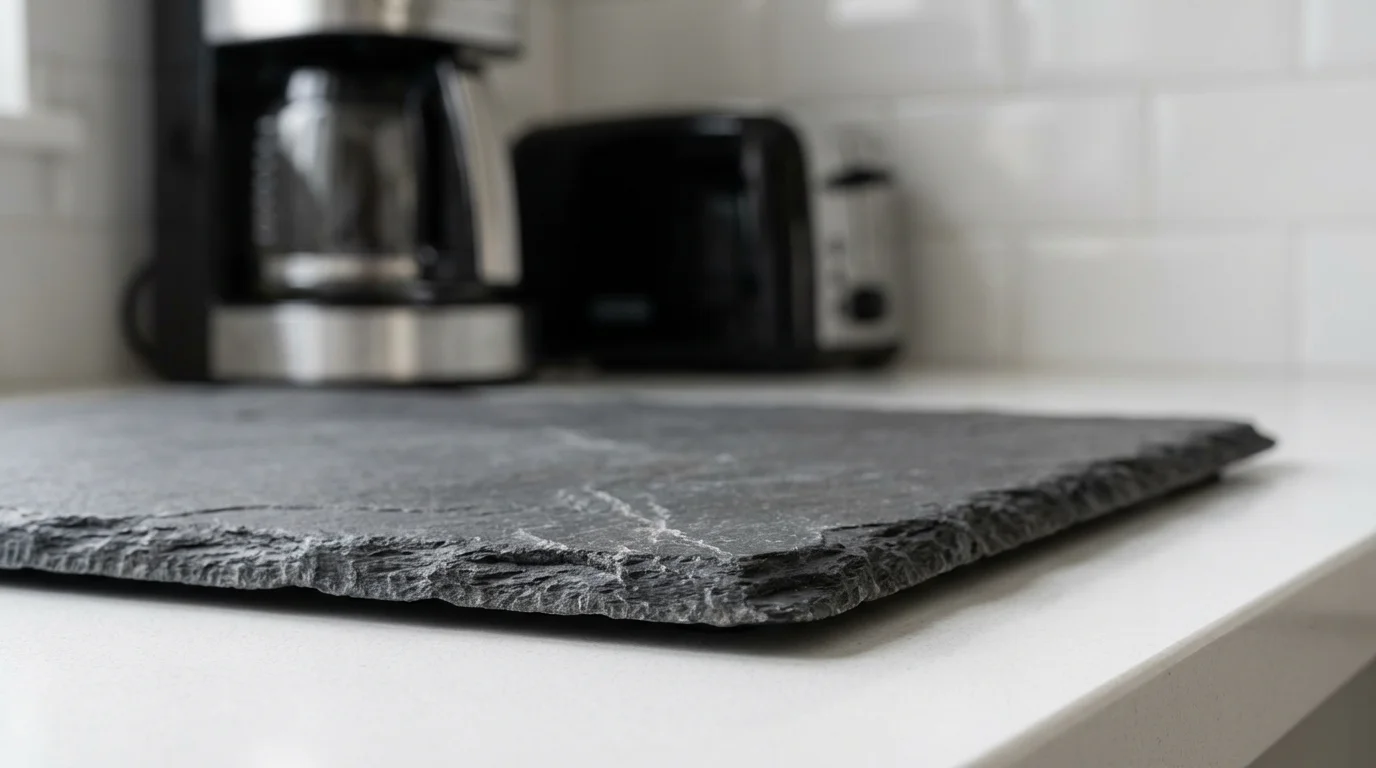 Close-up of a slate tray organizing a coffee maker and toaster on a countertop.