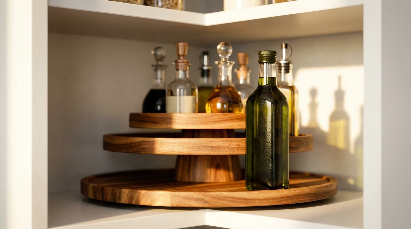 Close-up of a tiered lazy susan organizing bottles of oils and vinegars.