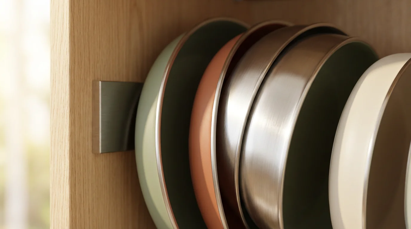 Close-up of colorful ceramic cookware perfectly organized in a modern cabinet storage solution.