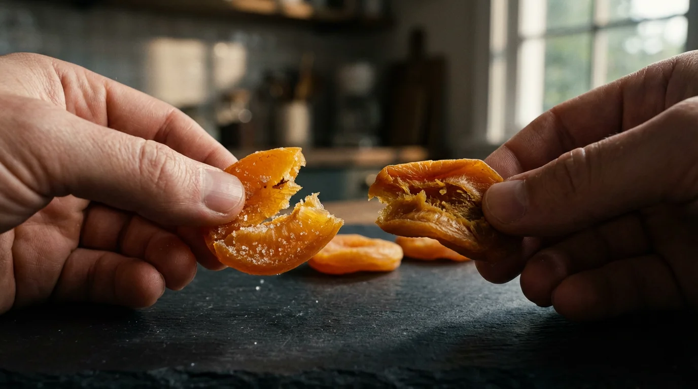 Close-up of hands comparing perfectly crisp and improperly chewy dehydrated apricot slices.