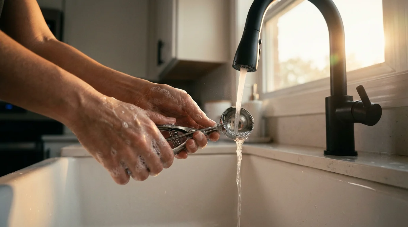 Close-up of hands hand-washing a metal cookie scoop in a sunlit kitchen sink.