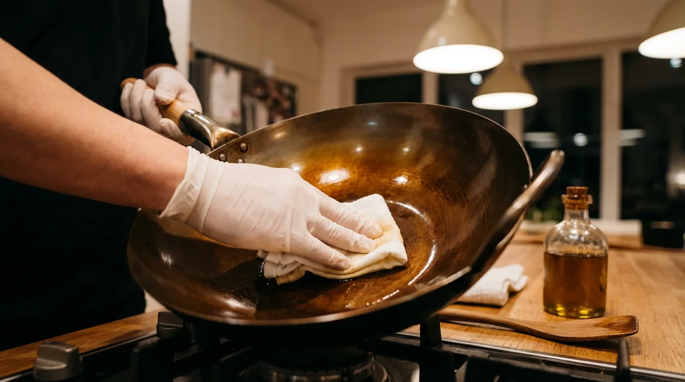 Close-up of hands oiling a well-seasoned wok to maintain its non-stick surface.