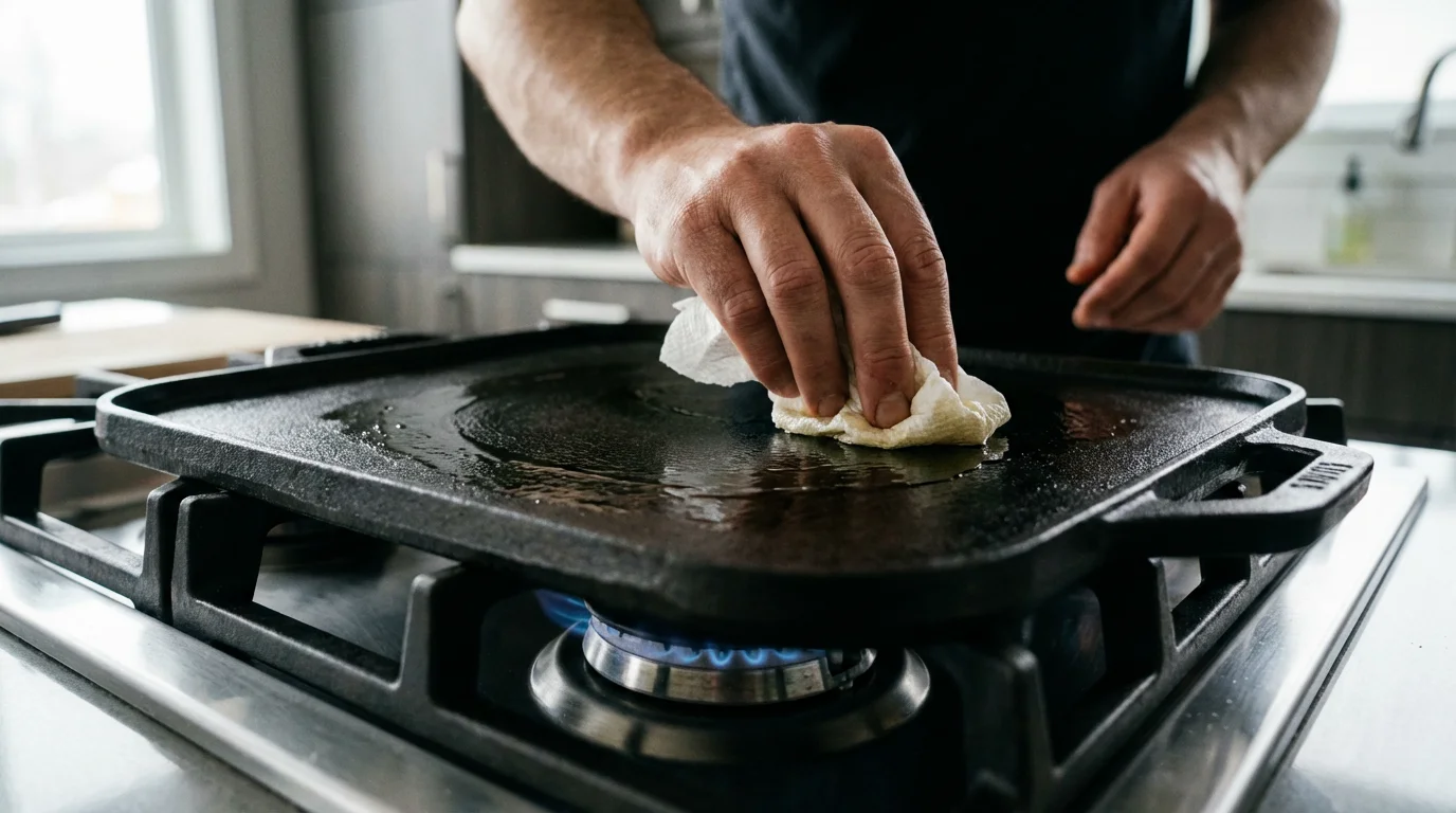 Close-up of hands seasoning a cast-iron griddle pan with oil on a stovetop.