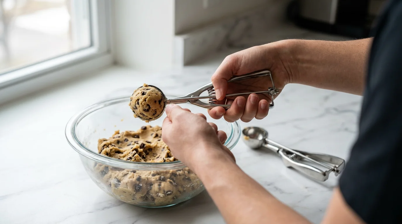 Close-up of hands using a squeeze-handle cookie scoop to portion out cookie dough.