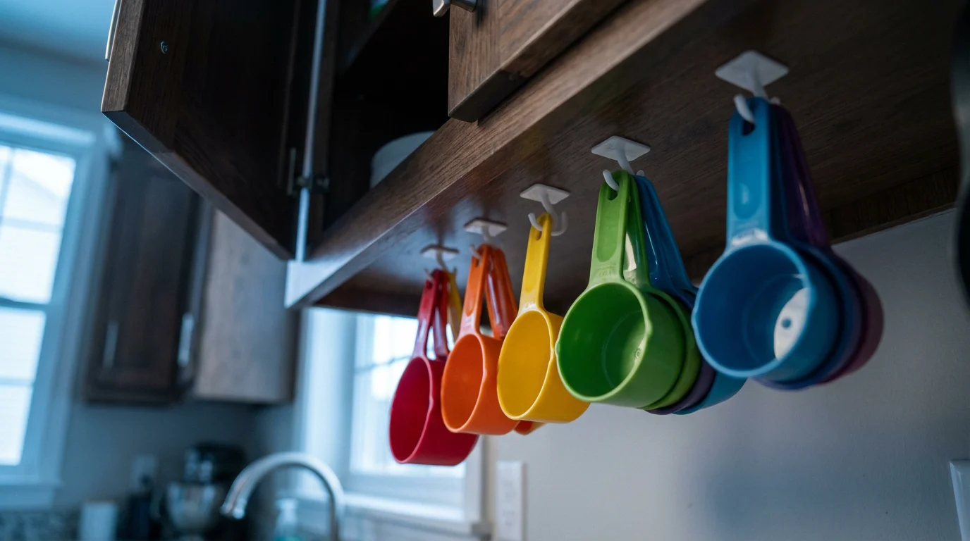 Colorful measuring cups organized with adhesive hooks on the inside of a kitchen cabinet door.