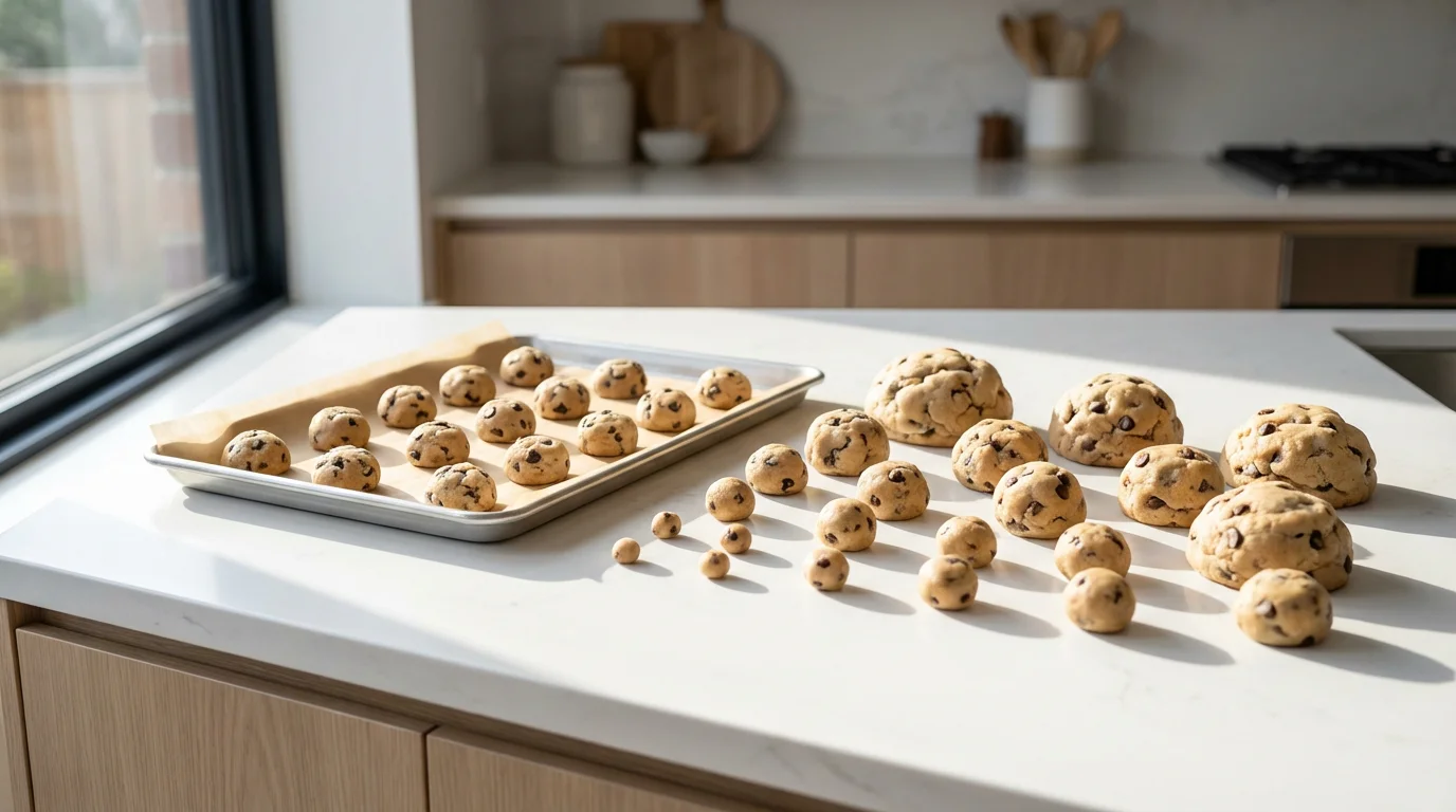 Cookie dough balls of various sizes on a baking sheet in a sunlit kitchen.