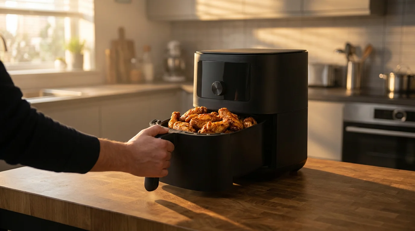 Crispy golden chicken wings in a modern air fryer basket during golden hour.