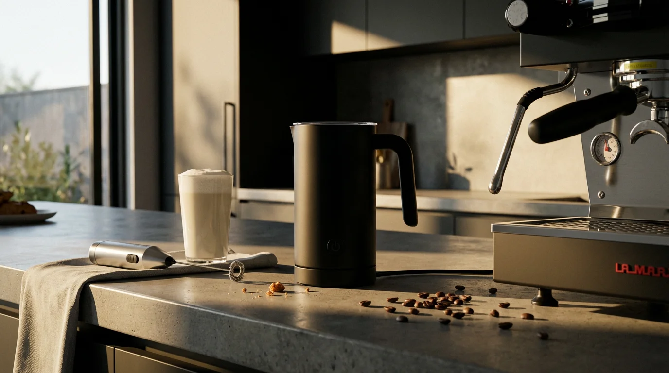 Different types of milk frothers on a modern kitchen counter in moody afternoon light.