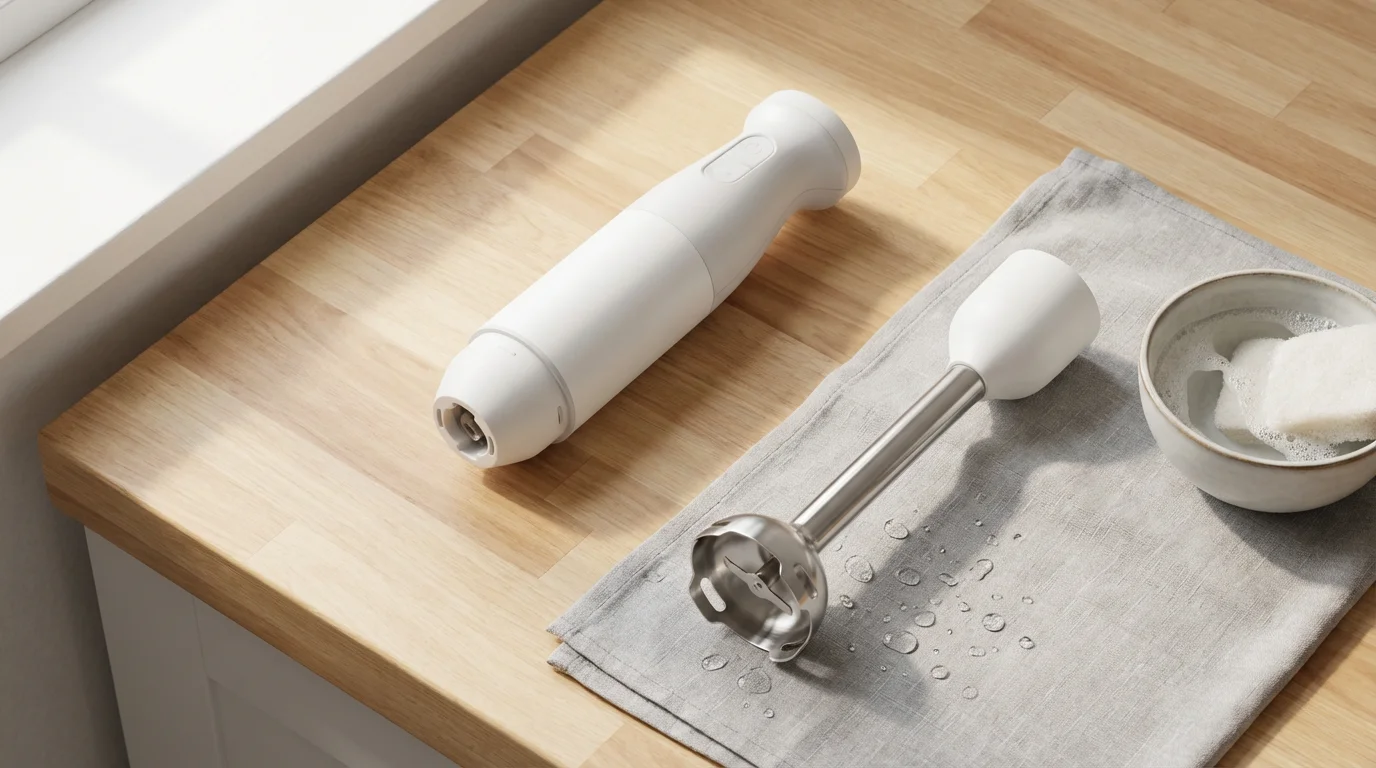 Disassembled cordless immersion blender parts laid out for cleaning on a wooden kitchen counter.