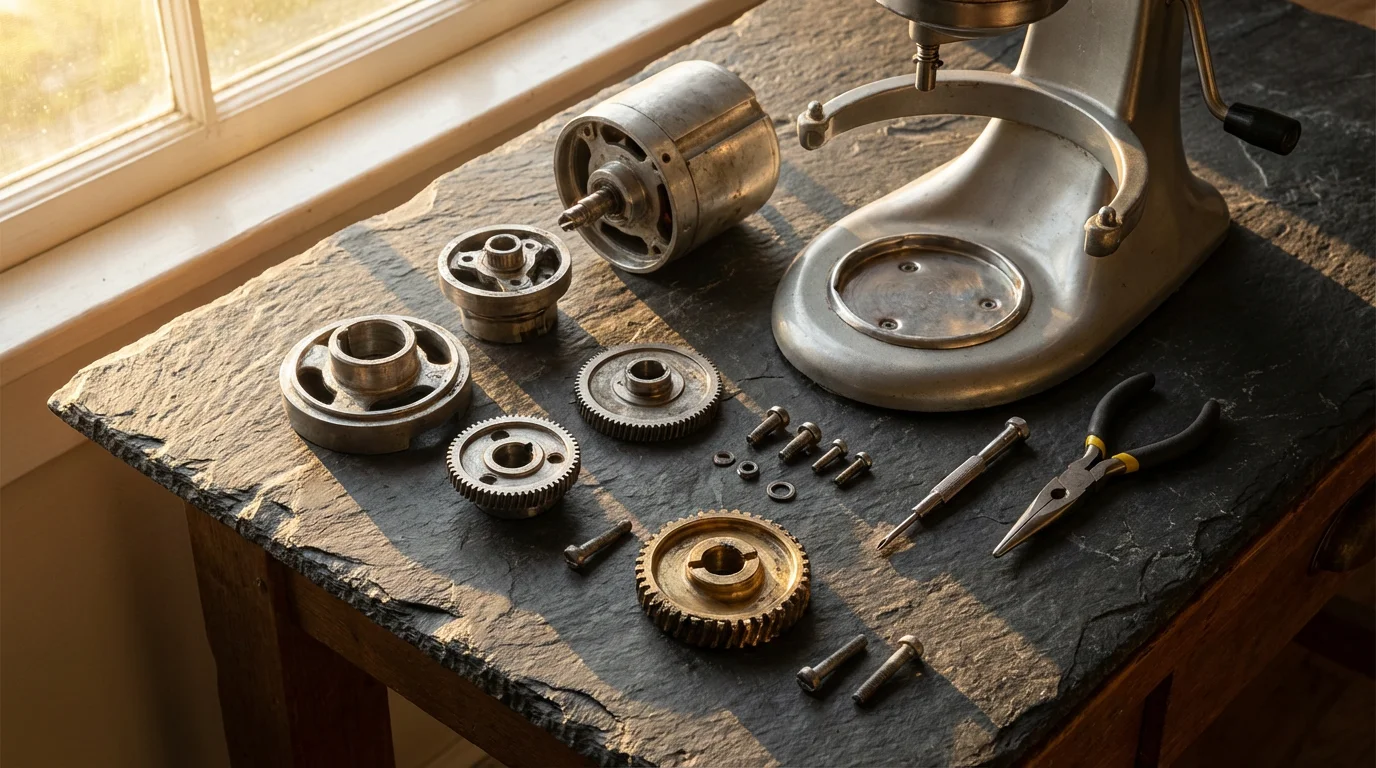 Disassembled stand mixer parts, including a worn worm gear, arranged on a workbench.
