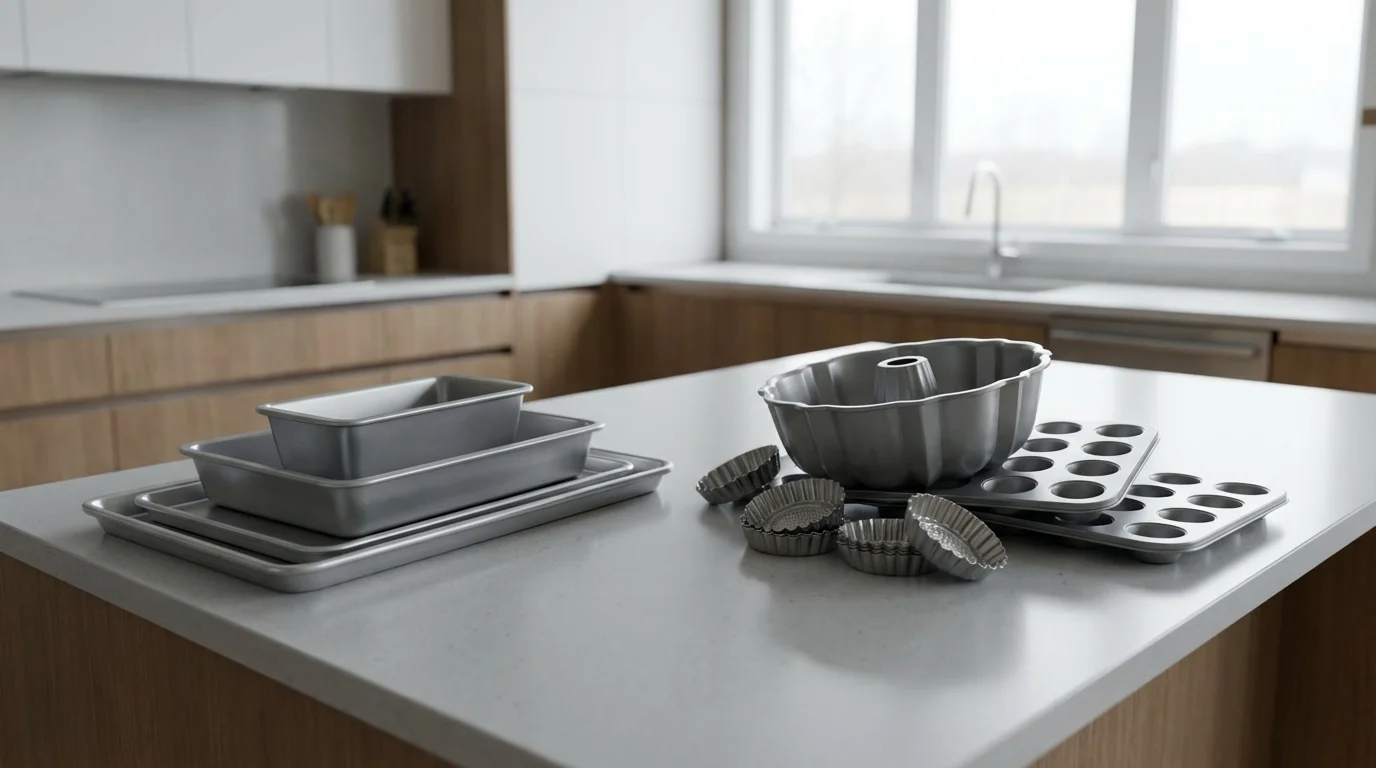 Essential and specialty bakeware pieces displayed side-by-side on a modern kitchen island.