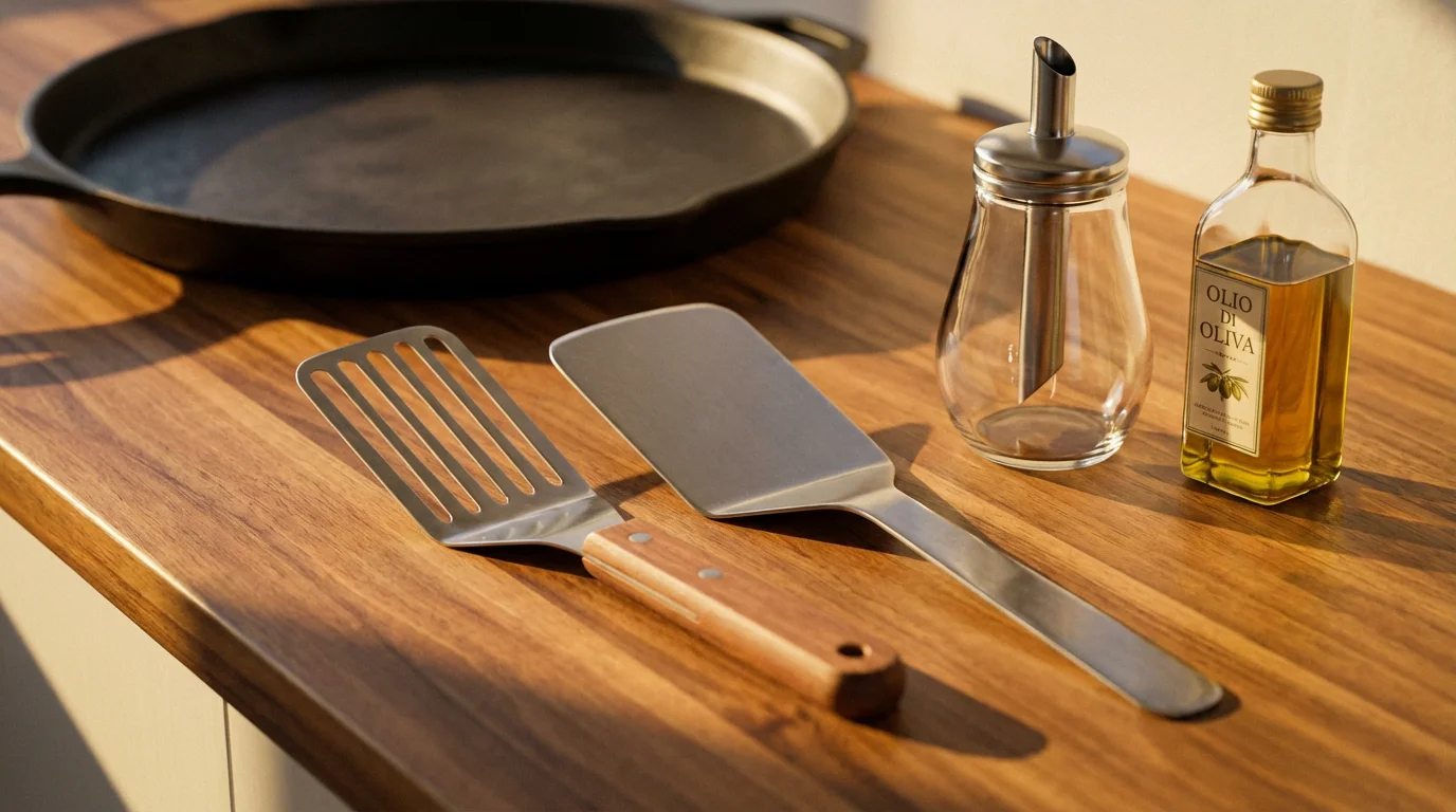 Essential griddle tools including spatulas and a batter dispenser on a sunlit wooden counter.