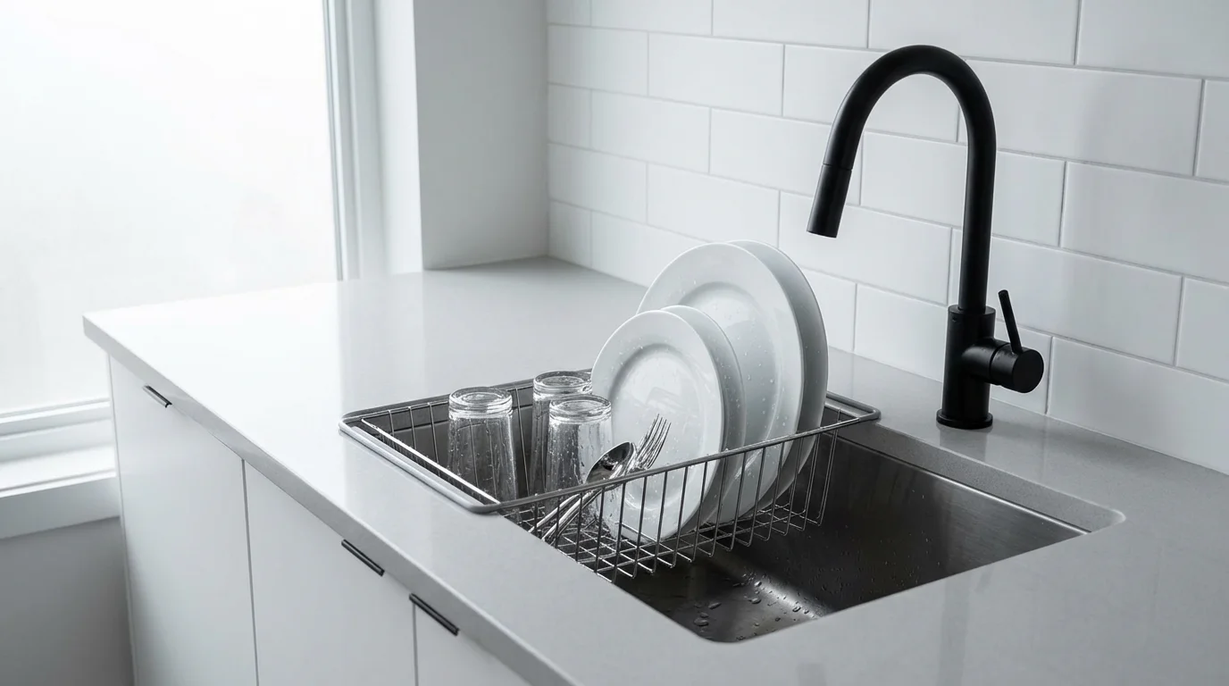 Expandable wire dish drying rack with clean dishes inside a modern kitchen sink.
