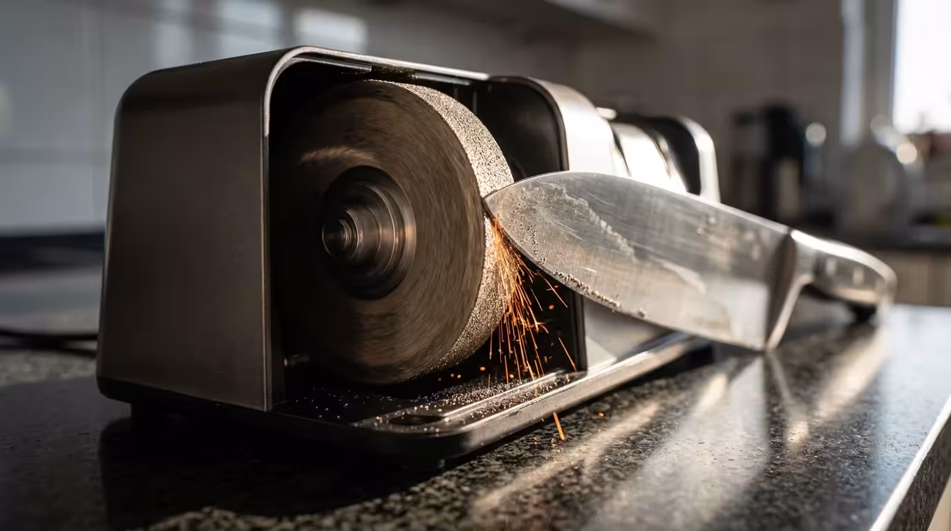 Extreme close-up of a knife creating sparks against a spinning wheel inside an electric sharpener.