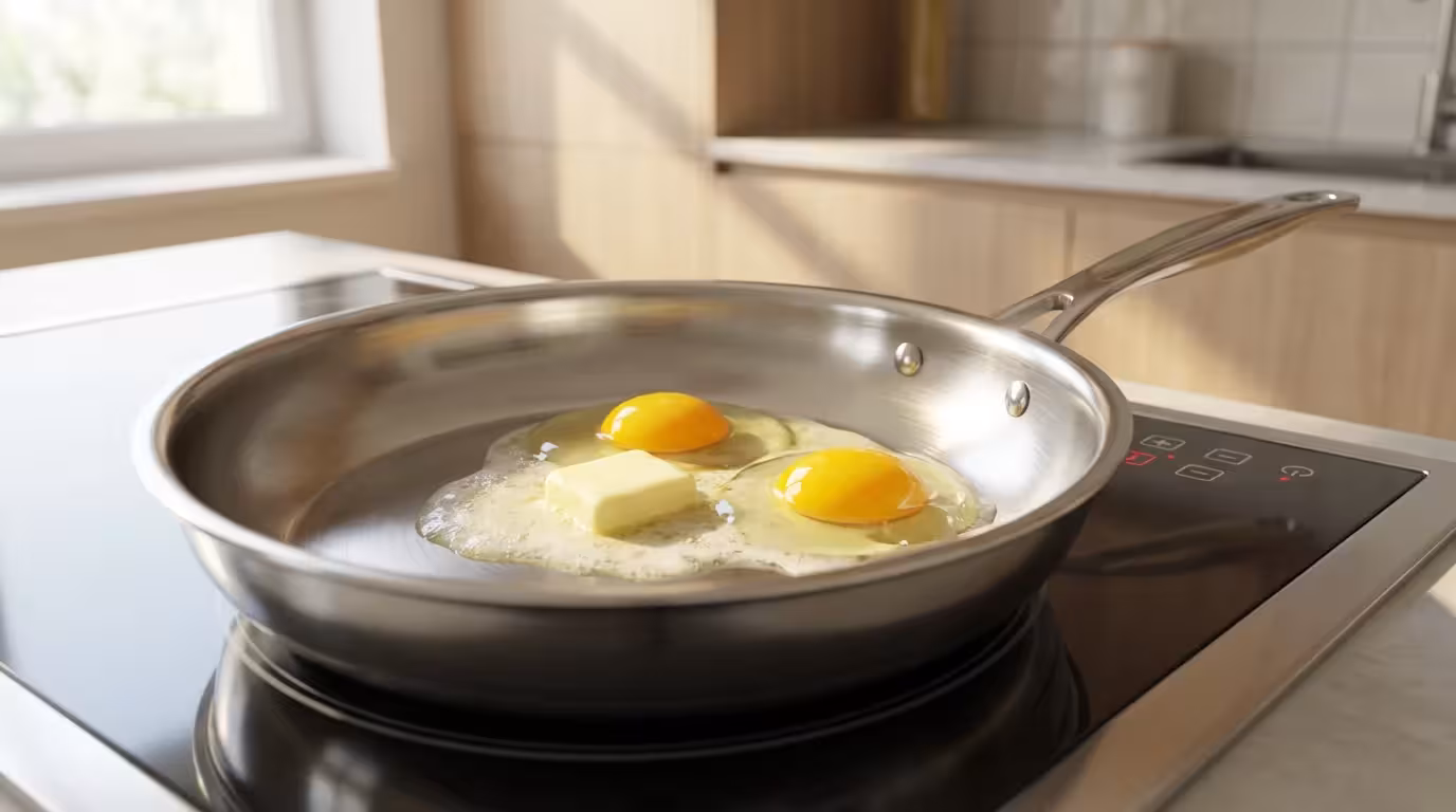 Eye-level view of two eggs frying in foaming butter in a stainless steel pan.