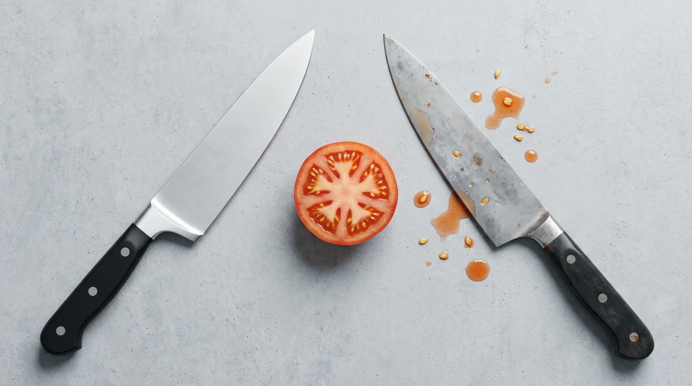 Flat lay comparing a pristine stainless steel knife blade with a discolored carbon steel blade.