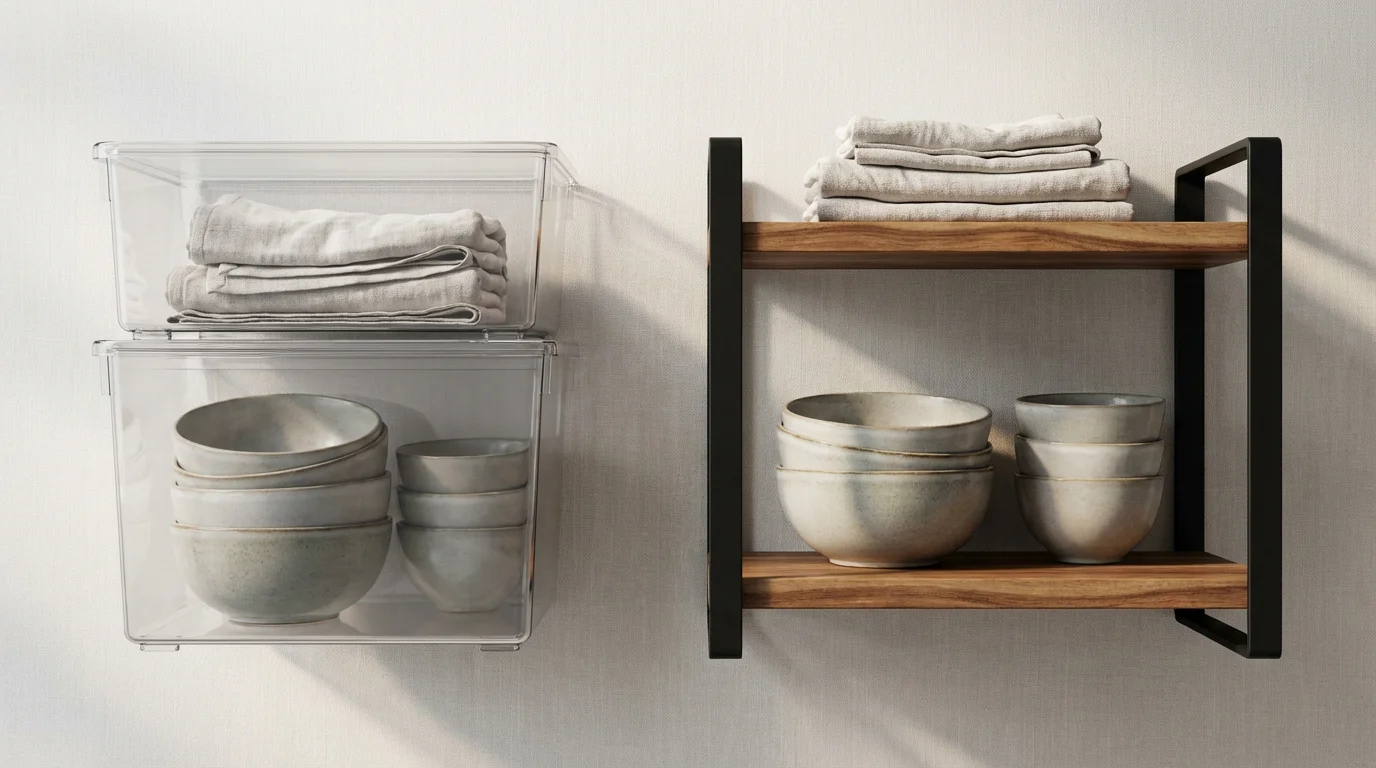 Flat lay comparison of budget plastic bins versus premium wood and metal vertical storage shelves.