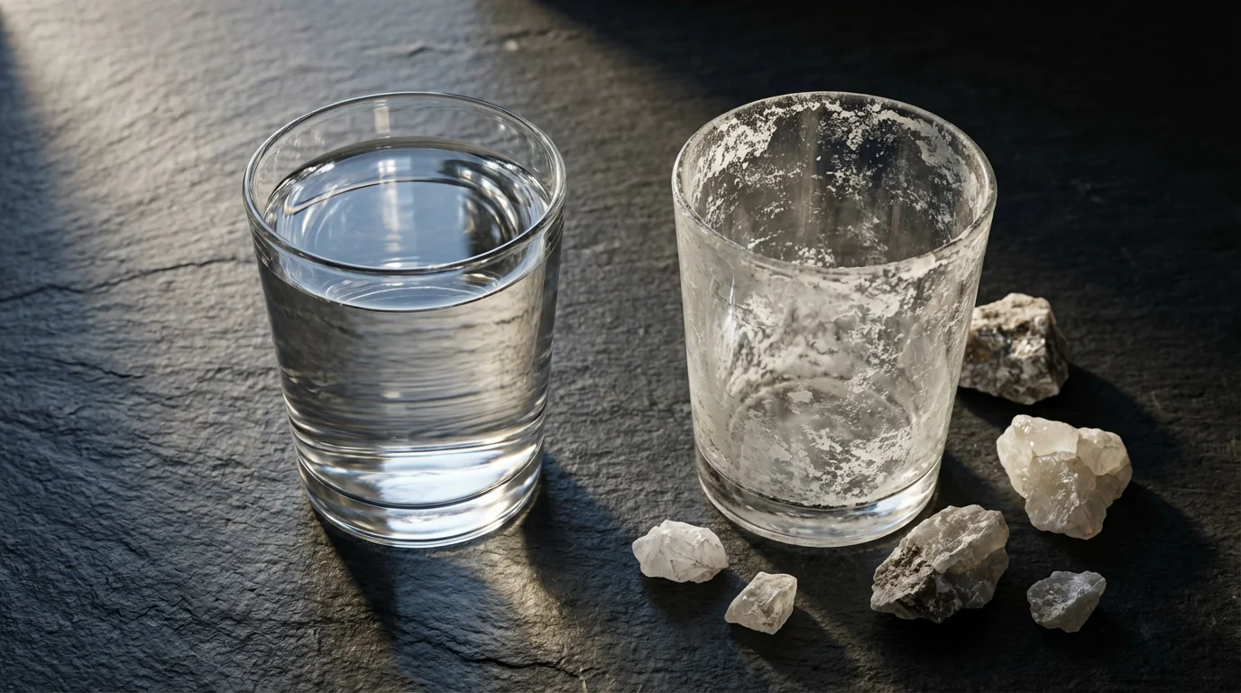 Flat lay of a clean glass of water next to a glass with hard water mineral buildup.